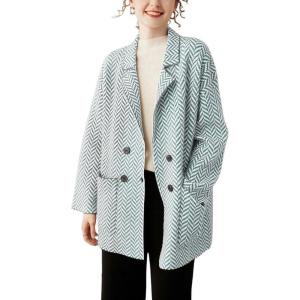 image:imagechouyatou Womens Herringbone Striped Cardigans Double Breasted Dressy Blazer Peacoat Sweater Coatigan JacketGreen