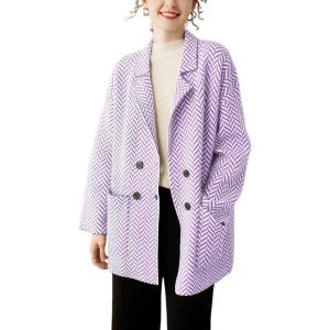 image:imagechouyatou Womens Herringbone Striped Cardigans Double Breasted Dressy Blazer Peacoat Sweater Coatigan JacketPurple