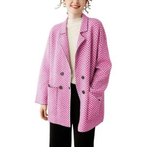 image:imagechouyatou Womens Herringbone Striped Cardigans Double Breasted Dressy Blazer Peacoat Sweater Coatigan JacketRose Red