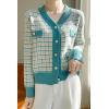 image:imagechouyatou Women Fall Winter Button Down Tweed Knit Cardigan Sweater Plaid Business Casual Cardigan BlazerBlue