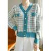 image:imagechouyatou Women Fall Winter Button Down Tweed Knit Cardigan Sweater Plaid Business Casual Cardigan BlazerBlue