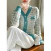 image:imagechouyatou Women Fall Winter Button Down Tweed Knit Cardigan Sweater Plaid Business Casual Cardigan BlazerBlue