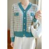 image:imagechouyatou Women Fall Winter Button Down Tweed Knit Cardigan Sweater Plaid Business Casual Cardigan BlazerBlue