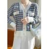 image:imagechouyatou Women Fall Winter Button Down Tweed Knit Cardigan Sweater Plaid Business Casual Cardigan BlazerBlue Pink