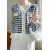 image:imagechouyatou Women Fall Winter Button Down Tweed Knit Cardigan Sweater Plaid Business Casual Cardigan BlazerBlue Pink