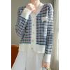 image:imagechouyatou Women Fall Winter Button Down Tweed Knit Cardigan Sweater Plaid Business Casual Cardigan BlazerBlue Pink