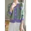 image:imagechouyatou Women Fall Winter Button Down Tweed Knit Cardigan Sweater Plaid Business Casual Cardigan BlazerGreen Purple