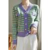 image:imagechouyatou Women Fall Winter Button Down Tweed Knit Cardigan Sweater Plaid Business Casual Cardigan BlazerGreen Purple