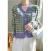 image:imagechouyatou Women Fall Winter Button Down Tweed Knit Cardigan Sweater Plaid Business Casual Cardigan BlazerGreen Purple