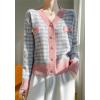 image:imagechouyatou Women Fall Winter Button Down Tweed Knit Cardigan Sweater Plaid Business Casual Cardigan BlazerPink