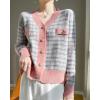 image:imagechouyatou Women Fall Winter Button Down Tweed Knit Cardigan Sweater Plaid Business Casual Cardigan BlazerPink