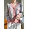 image:imagechouyatou Women Fall Winter Button Down Tweed Knit Cardigan Sweater Plaid Business Casual Cardigan BlazerPink