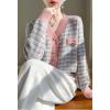 image:imagechouyatou Women Fall Winter Button Down Tweed Knit Cardigan Sweater Plaid Business Casual Cardigan BlazerPink