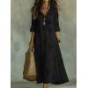 image:imagechouyatou Womens Boho Ruffle Floral Embroidery Shirt Dress Rolled Up Long Sleeve Casual Loose Beach Maxi Tunic DressBlack