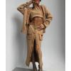image:imagechouyatou Womens Casual Lapel Ribbed Knit Blazer Jacket Vintage Double Breasted Boyfriend Oversized Trench CoatKhaki