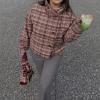 image:imagechouyatou Womens Plaid Stand Collar Wool Trench Coat Button Down Blazer Jacket Winter Coat OuterwearRed