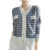 image:imagechouyatou Women Fall Winter Button Down Tweed Knit Cardigan Sweater Plaid Business Casual Cardigan BlazerBlue Pink