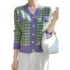 image:imagechouyatou Women Fall Winter Button Down Tweed Knit Cardigan Sweater Plaid Business Casual Cardigan BlazerGreen Purple