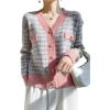 image:imagechouyatou Women Fall Winter Button Down Tweed Knit Cardigan Sweater Plaid Business Casual Cardigan BlazerPink