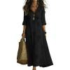 image:imagechouyatou Womens Boho Ruffle Floral Embroidery Shirt Dress Rolled Up Long Sleeve Casual Loose Beach Maxi Tunic DressBlack