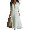 image:imagechouyatou Womens Boho Ruffle Floral Embroidery Shirt Dress Rolled Up Long Sleeve Casual Loose Beach Maxi Tunic DressWhite