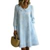 image:imagechouyatou Womens Floral Embroidery Casual Loose Shirt Dress Button Down Pleated Swing Beach Midi Dress with PocketsBlue