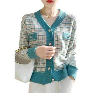 image:imagechouyatou Women Fall Winter Button Down Tweed Knit Cardigan Sweater Plaid Business Casual Cardigan BlazerBlue