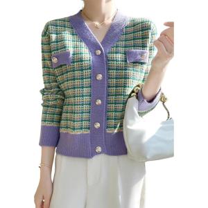 image:imagechouyatou Women Fall Winter Button Down Tweed Knit Cardigan Sweater Plaid Business Casual Cardigan BlazerGreen Purple