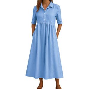 image:imagechouyatou Womens Casual Button Up Polo Collar Shirt Dress Short Sleeve Midi Long Dress with PocketsBlue