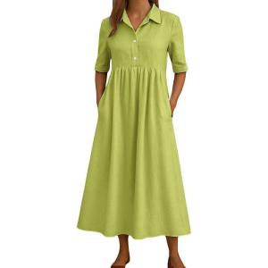 image:imagechouyatou Womens Casual Button Up Polo Collar Shirt Dress Short Sleeve Midi Long Dress with PocketsGreen