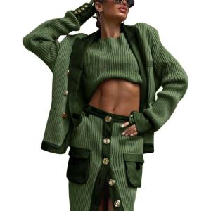 image:imagechouyatou Womens Casual Lapel Ribbed Knit Blazer Jacket Vintage Double Breasted Boyfriend Oversized Trench CoatArmy Green