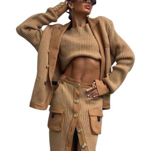 image:imagechouyatou Womens Casual Lapel Ribbed Knit Blazer Jacket Vintage Double Breasted Boyfriend Oversized Trench CoatKhaki