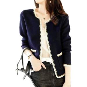 image:imagechouyatou Womens Elegant Knit Open Front Cardigan Sweater RIC Rac Slim Business Casual Blazer JacketNavy Blue