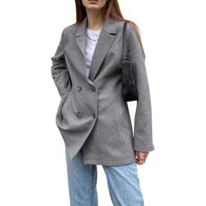 image:imagechouyatou Womens Fall Double Breasted Wool Blazer Jacket Work Office Notch Lapel Wool Jacket CoatGrey