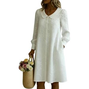 image:imagechouyatou Womens Floral Embroidery Casual Loose Shirt Dress Button Down Pleated Swing Beach Midi Dress with PocketsWhite