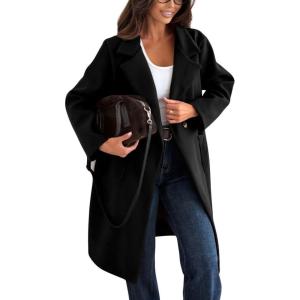image:imagechouyatou Womens Notched Lapel Blazer Pea Coat Double Breasted Business Casual Mid Long Wool Trench Coat OvercoatBlack