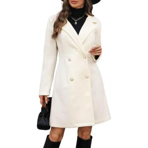 image:imagechouyatou Womens Notched Lapel Double Breasted Wool Trench Coat Work Casual Mid Long Blazer Pea Coat OvercoatBeige White
