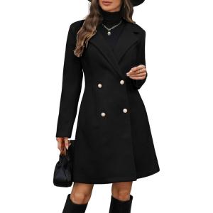 image:imagechouyatou Womens Notched Lapel Double Breasted Wool Trench Coat Work Casual Mid Long Blazer Pea Coat OvercoatBlack