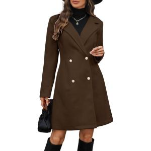image:imagechouyatou Womens Notched Lapel Double Breasted Wool Trench Coat Work Casual Mid Long Blazer Pea Coat OvercoatCoffee Brown