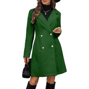 image:imagechouyatou Womens Notched Lapel Double Breasted Wool Trench Coat Work Casual Mid Long Blazer Pea Coat OvercoatGreen