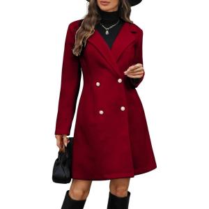 image:imagechouyatou Womens Notched Lapel Double Breasted Wool Trench Coat Work Casual Mid Long Blazer Pea Coat OvercoatRed