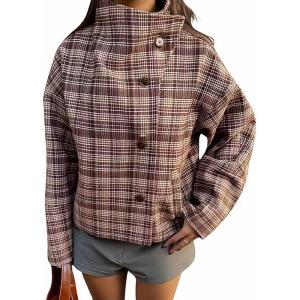 image:imagechouyatou Womens Plaid Stand Collar Wool Trench Coat Button Down Blazer Jacket Winter Coat OuterwearRed