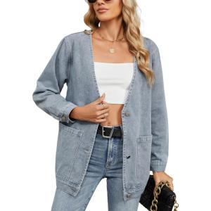 image:imagechouyatou Womens Vintage VNeck Button Down Denim Jacket Loose Casual Collarless Jean Jacket ShacketBlack