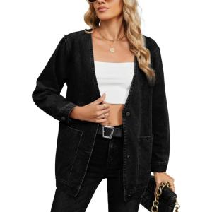 image:imagechouyatou Womens Vintage VNeck Button Down Denim Jacket Loose Casual Collarless Jean Jacket ShacketBluish Grey