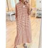 image:imagechouyatou Womens Casual Loose Button Down Plaid Shirt Dress Long Sleeve Side Slit Cotton Gingham Maxi DressCaramel