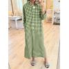 image:imagechouyatou Womens Casual Loose Button Down Plaid Shirt Dress Long Sleeve Side Slit Cotton Gingham Maxi DressGreen