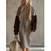 image:imagechouyatou Womens Color Block Pullover Sweatshirt Hoodie Dress Fuzzy Sherpa Long Sleeve Midi Long Dress with PocketKhaki