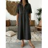 image:imagechouyatou Womens Distressed Button Up Denim Polo Shirt Dress Short Sleeve Casual Loose Pleated Jean Midi Long DressBlack