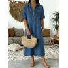 image:imagechouyatou Womens Distressed Button Up Denim Polo Shirt Dress Short Sleeve Casual Loose Pleated Jean Midi Long DressBlue