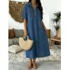 image:imagechouyatou Womens Distressed Button Up Denim Polo Shirt Dress Short Sleeve Casual Loose Pleated Jean Midi Long DressBlue
